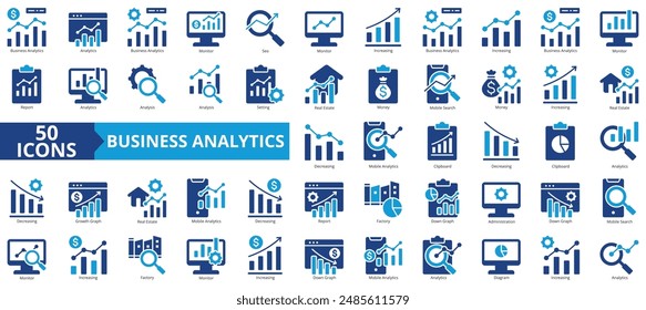 Business analytics icon collection set. Containing analytics, icon monitor, seo, increasing, report, setting, real estate. Simple flat vector.