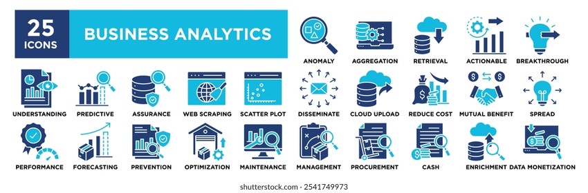 Conjunto de coleta de ícone do Business Analytics. Contendo negócios de design, dados, informações, análises, tecnologia	