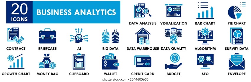 Business Analytics-Symbolsammlung. Enthaltend Design Business, Daten, Analyse, Information, Digital, Marketing, Analyse