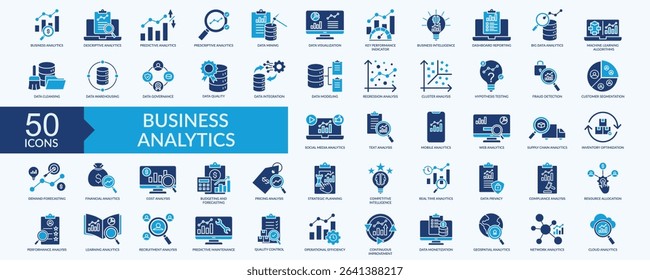 Business analytics icon collection set with data visualization,  key performance indicator, strategic planning, continuous improvement, quality control