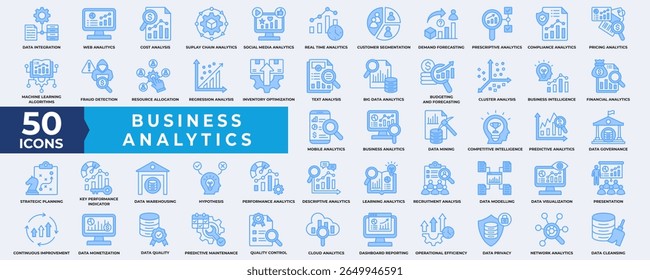 Conjunto de coleta de ícone do Business Analytics. Contendo análise, banco de dados, desempenho, gerenciamento, processo de negócios, qualidade, documento, estratégia, relatório e análise. Ilustração simples do vetor azul.