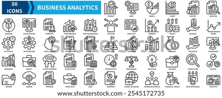 Business Analytics icon collection set. Containing insight, data, report, analysis, statistic, strategy, performance, efficiency, evaluation, trending icon. Simple black outline vector.