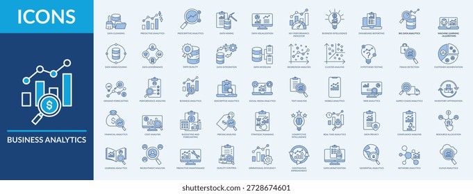 Analítica de negocios - Colección de iconos. Thin Line Blue Set contiene íconos como mejoramiento continuo, control de calidad, segmentación de Clientes y más. Conjunto de iconos web simples