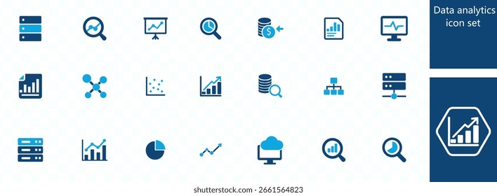 Conjunto de ícones do Business Analytics. Contendo análise, dados, Big Data, pesquisa, exame, gráfico, diagrama, experiência, planejamento e muito mais