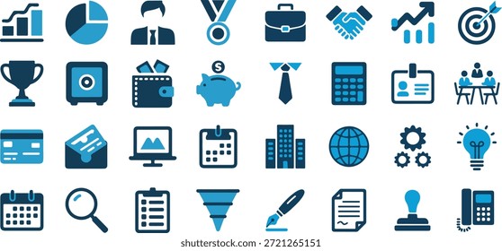 Conjunto de iconos de negocios y análisis. Contiene gráficos circulares, gráficos de barras, maletines, apretones de manos, cajas fuertes, calculadoras, reuniones de equipo e informes financieros.
