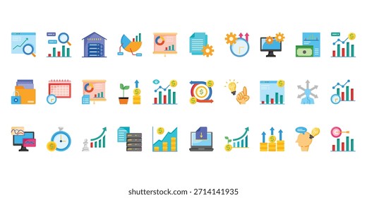 business analytics icon definir ilustração de vetor de estilo plano, negócios, crescimento, dinheiro, banco de dados, gráfico, gráfico, configuração