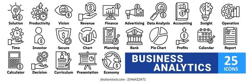 Business Analytics icon set illustration concept with icon of Solution,Productivity,Vision,Revenue,Finance,Advertising,Data Analysis,Accounting Book,Insight,Operation,Time Management,Investor,Secure