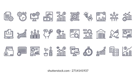 Conjunto de iconos de análisis de negocios Ilustración vectorial de estilo de línea, negocio, crecimiento, dinero, base de datos, gráfico, gráfico, configuración