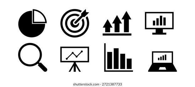 Conjunto de ícones do Business Analytics mostrando gráficos, gráficos, alvos, setas de crescimento, painéis, símbolos de visualização de dados e pesquisa. Adequado para layout de apresentação, design de relatório