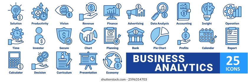Business Analytics icon set. with icon solution, productivity, vision, revenue, finance, advertising, data analysis, accounting, insight, operation, time, investor, secure, chart, planning, bank
