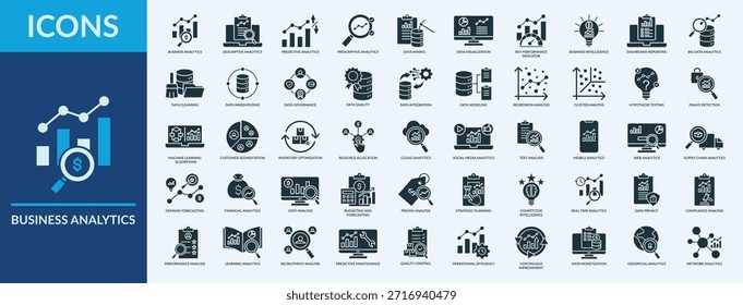 Ícone de análise de negócios define ilustração de conceito de vetor. Contendo ícone de melhoria contínua, controle de qualidade, monetização de dados, ícones de mineração de dados. Coleção de símbolos de ícone sólido de glifo. 