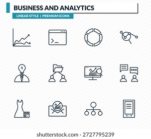 Conjunto de iconos de negocios y análisis: onda de datos, terminal, flujo de análisis de datos, consultoría, colección de Vector de esquema de gadget.