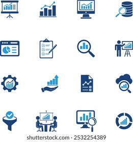 Conjunto de ícones de análise de negócios: crescimento, gráficos, dados, relatórios e apresentações. ícones azuis e brancos representando