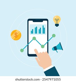 Vetor de ilustração de análise de negócios. ícone de smartphone do gráfico de relatório.