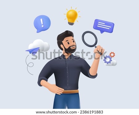 Business analytics illustrations. Man taking part in business activities. 3D illustration vector. Trendy style. Business success and digital marketing concept