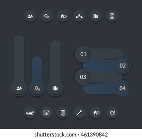 business analytics infographic elements, report design, timeline, step labels, 1 2 3 4, growth arrows, icons, dark version