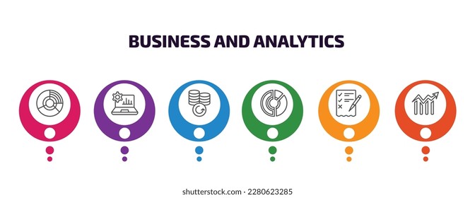 business and analytics infographic template with icons and 6 step or option. business and analytics icons such as circular chart, laptop with analysis, money back, data circular chart, revision,