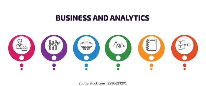 business and analytics infographic template with icons and 6 step or option. business and analytics icons such as worker, charts, shredder, mortgage statistics, workbook, data analytics flow vector.