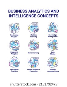 Business analytics and intelligence concept icons set. Diagnostic analysis idea thin line color illustrations. Isolated symbols. Editable stroke. Roboto-Medium, Myriad Pro-Bold fonts used