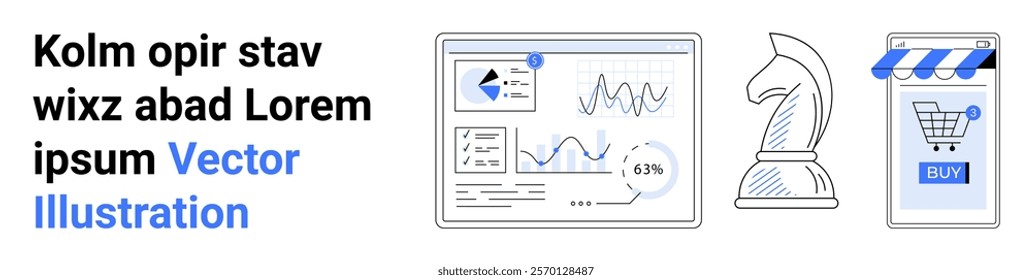 Business analytics interface, a chess knight, and a mobile shopping app. Ideal for business analysis, data visualization, strategic planning, online shopping, e-commerce. Banner for landing page