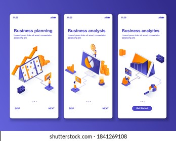 Business analytics isometric GUI design kit. Business planning, financial analysis templates for mobile app. Market research UI UX onboarding screens. Vector illustration with tiny people characters.