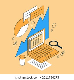 Business analytics isometric illustration. Workplace with laptop pc and data chart graphic digital notes vector. Hand drawn contoured modern analysis information, finance management and optimization