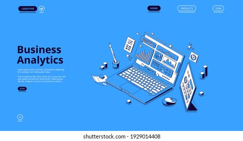 Business analytics isometric landing page. Financial marketing, online trading and investment, automation. Laptop with digital analysis data charts, statistics diagrams, 3d vector line art web banner