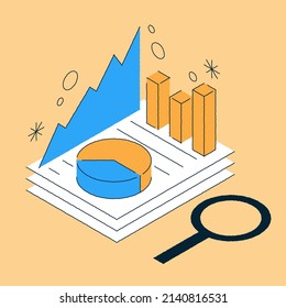 Business analytics isometric vector illustration. Stack of paper with data chart graphics and magnifier. Hand drawn contoured modern analysis information, finance management and optimization.