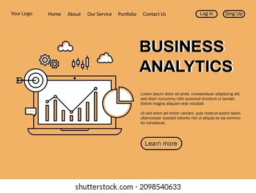 Business analytics landing page templates in line art. Financial marketing, e-commerce and investment, automation. Laptop, charts, graphs, digital analysis data, statistics. Vector stock illustration