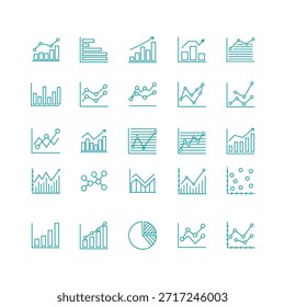 Business analytics line and bar chart icon set, data visualization symbols, financial growth statistics vector.