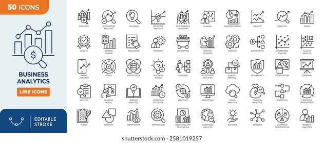 Business Analytics line editable icon set. Containing Analyzing, Data, Big Data, Research, Examining, Chart, Diagram, Expertise, Planning, and more. Vector illustration