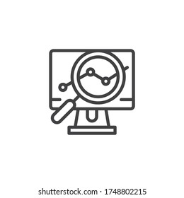 Business analytics line icon. Computer screen with business graph and magnifier linear style sign for mobile concept and web design. Chart monitoring outline vector icon. Symbol, logo illustration.