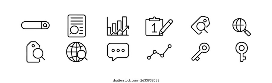 Business analytics line icon set - data, reports, graph, planning symbols