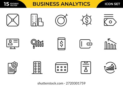 Business Analytics-Positionssymbolsatz. Ideal für Finanz-, Unternehmertum- und Marketingdesigns. Paket mit dünnen Gliederungssymbolen. Vektorgrafik