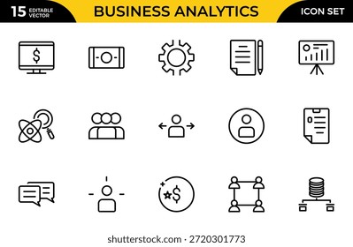 Conjunto de iconos de línea de Business Analytics. Ideal para finanzas, emprendimiento y diseños de marketing. Paquete de iconos de contorno delgado. Ilustración vectorial