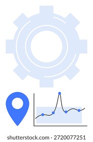 Análise de negócios, rastreamento de localização, planejamento operacional, tendências estatísticas, visualização de dados, tecnologia. Gráfico mostrando uma engrenagem, um marcador de localização e um gráfico plotado. Análise de negócios