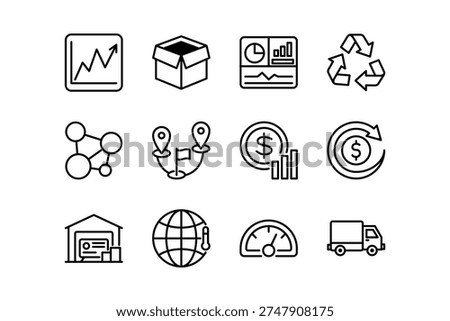 Business analytics and logistics outline icon pack for dashboards. Finance analytics and supply chain icons with analytics charts, finance, delivery truck, recycling, global data symbols