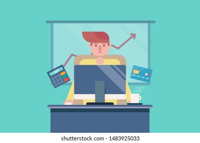 Business analytics, Man working, Office, financial analysis, Marketing, Entrepreneur - flat design vector illustration with icons