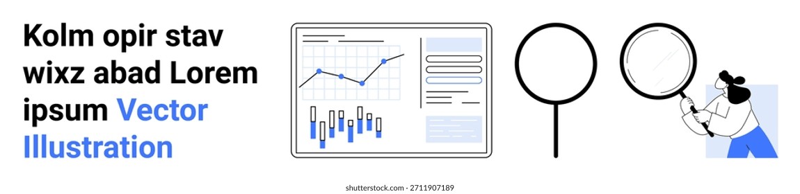 Business Analytics, Marktforschung, Datenvisualisierung, Problemlösung, Informationssuche, Bildung. Schautafel und Lupe. Geschäftsanalyse und Marktforschungskonzept