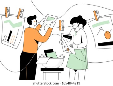 Análisis de negocio - moderna ilustración de diseño plano con elementos de línea. Análisis de datos y resultados. Composición colorida con un equipo, hombres y mujeres gerentes colgando papeles con diagramas