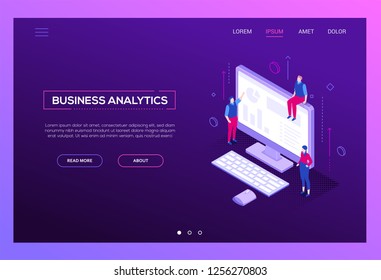Business analytics - modern isometric vector web banner on purple background with copy space for text. A website header with male, female colleagues at the computer with diagrams, charts on the screen