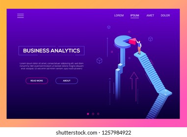 Business analytics - modern isometric vector website header on purple background with copy space for text. An illustration with businessman standing on staircase, trying to fix a piece of diagram