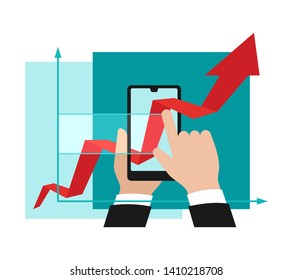Business analytics and modern  technologies concept - from real to digital - growing chart pass through phone screen - conceptual isolated illustration