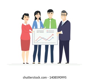 Business analytics - modern vector business cartoon characters illustration on white background. Quality composition with Chinese male, female managers in smart clothes holding a board with diagrams