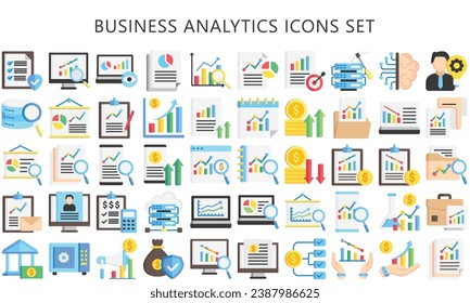 Análisis de negocio paquete de iconos multicolor, contiene libro, calculadora, dinero, estrategia, investigación y más. uso para el concepto moderno, mejor para el kit de interfaz de usuario o UX, desarrollo de aplicaciones y web. vector EPS 10.