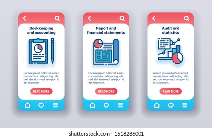 Business analytics on mobile app onboarding screens. Line icons, bookkeeping and accounting, report and financial statements, audit and statistic. Banners for website and mobile kit UI/UX/GUI template