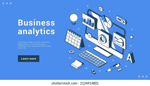 Business analytics online planning service dashboard on computer with data, charts, investment, trade and finance management landing page isometric vector illustration. Banking economy diagram