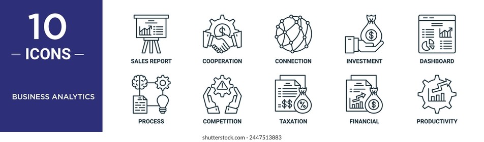 el conjunto de iconos de esquema de business analytics incluye informe de ventas de línea delgada, cooperación, conexión, inversión, panel de control, proceso, iconos de competencia para informe, presentación, diagrama, Diseño web