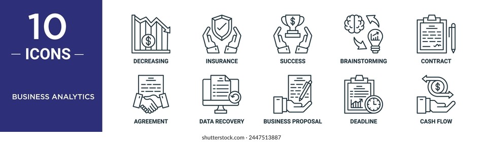 el conjunto de iconos de esquema de business analytics incluye disminución de línea fina, seguro, éxito, lluvia de ideas, contrato, Acuerdo, iconos de recuperación de datos para informe, presentación, diagrama, Diseño web