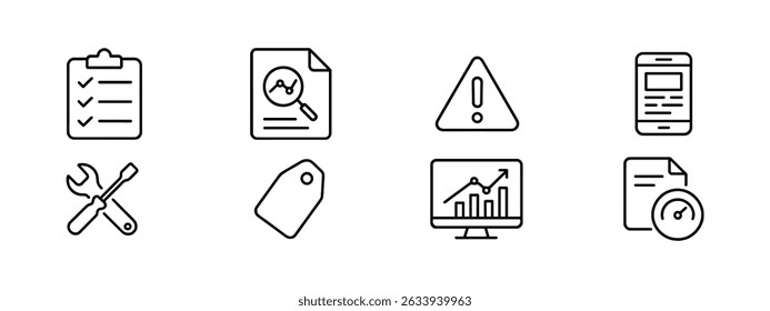 Business and analytics outline icon set - monitoring, strategy, tools symbols